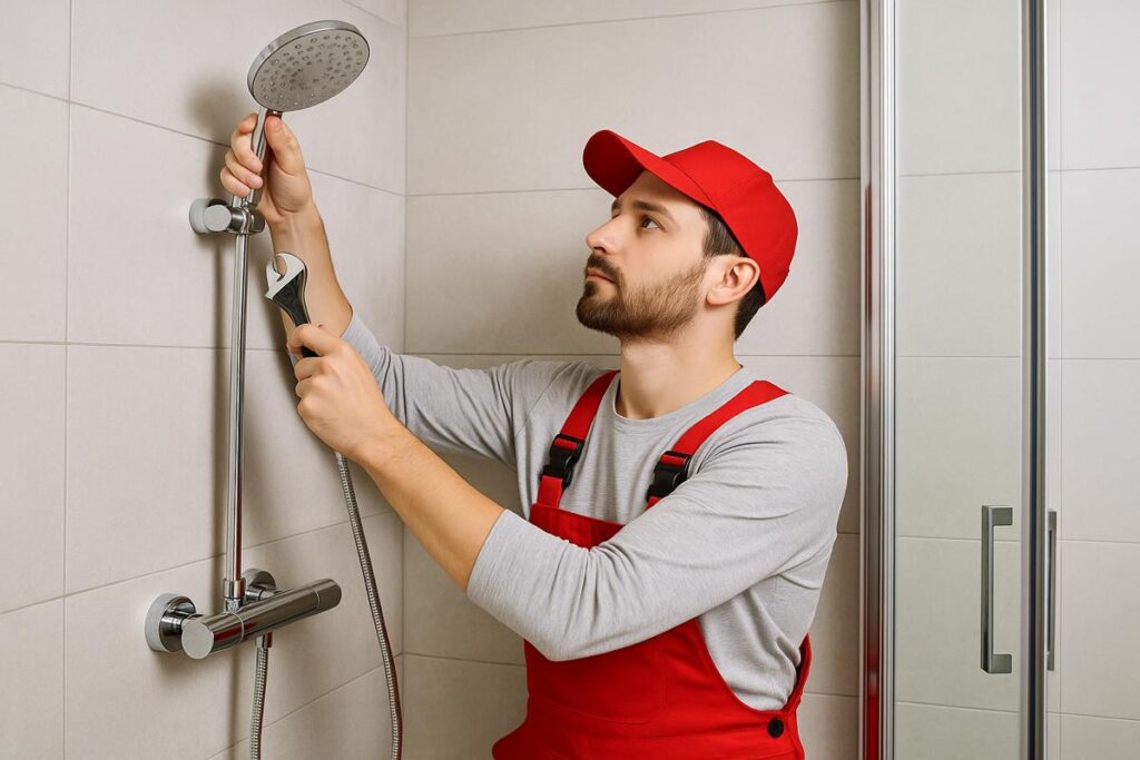 VVS-tekniker installerer en bruser i et moderne badeværelse