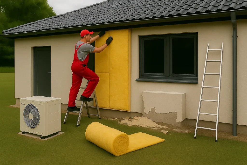 Håndværker i rødt arbejdstøj monterer facadeisolering på hus