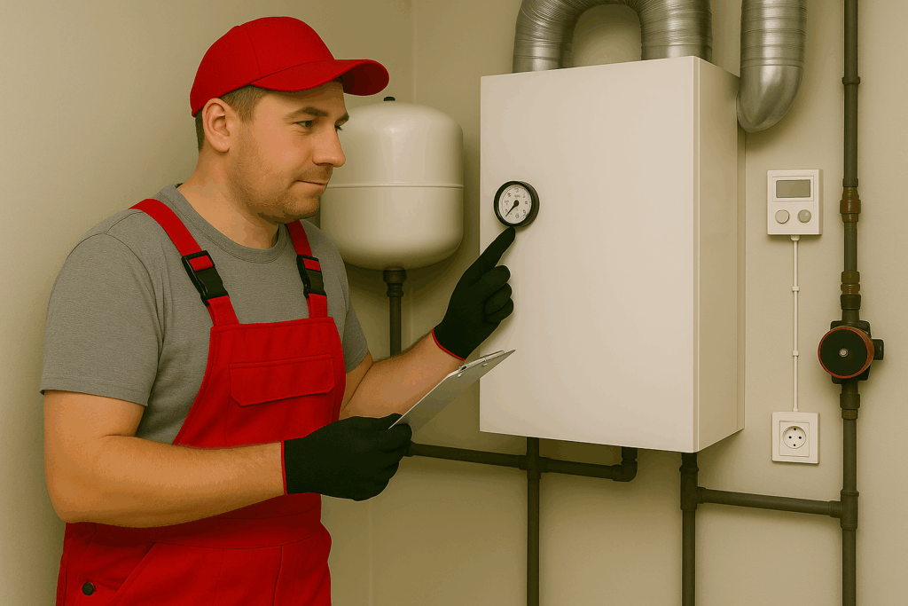 VVS-tekniker i rødt arbejdstøj foretager energitjek af varmeanlæg