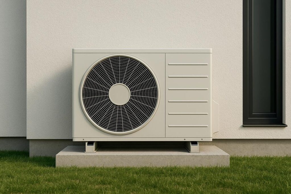 Udendørs varmepumpe monteret på sokkel ved hvid facade med græsplæne og stort vindue