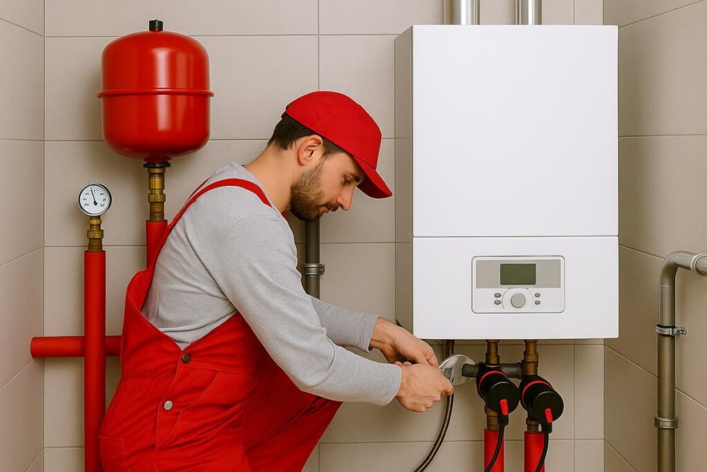 Fjernvarmesystem med rør, trykbeholder og installation i et moderne hjem