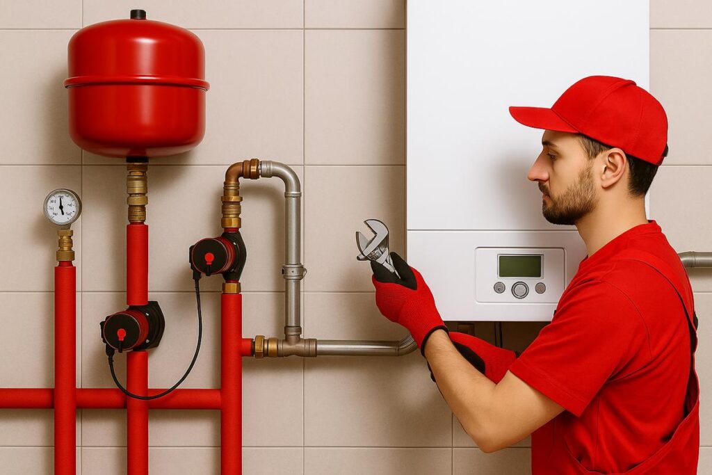Fjernvarmesystem med trykbeholder og rørsystem installeret af en professionel tekniker