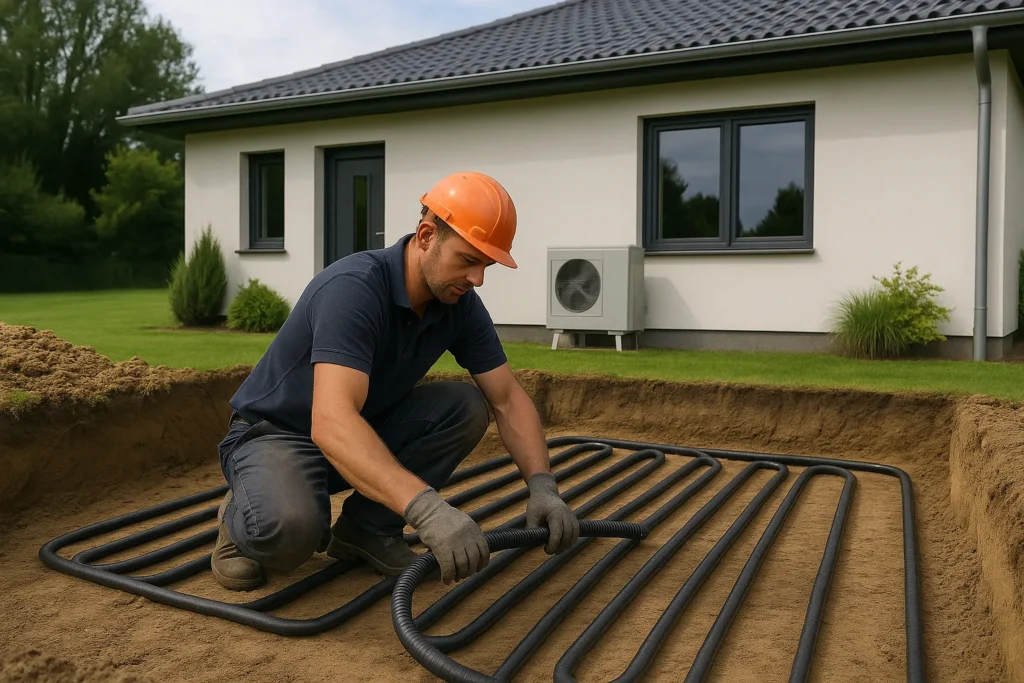 Montør installerer jordvarmeanlæg med horisontale slanger foran moderne hus