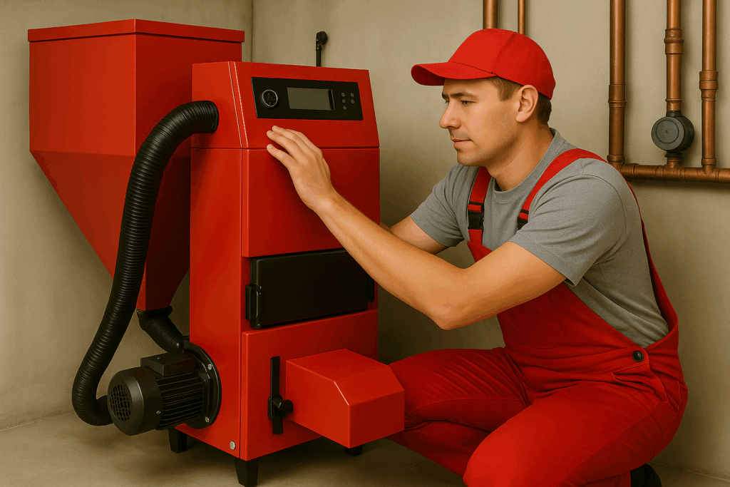 Tekniker installerer et moderne rødt pillefyr i et fyrrum med rørinstallationer og pelletbeholder