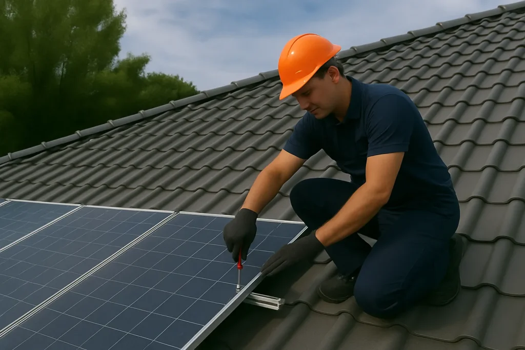 Montør installerer solcellepaneler på tag for at øge boligens energiforsyning