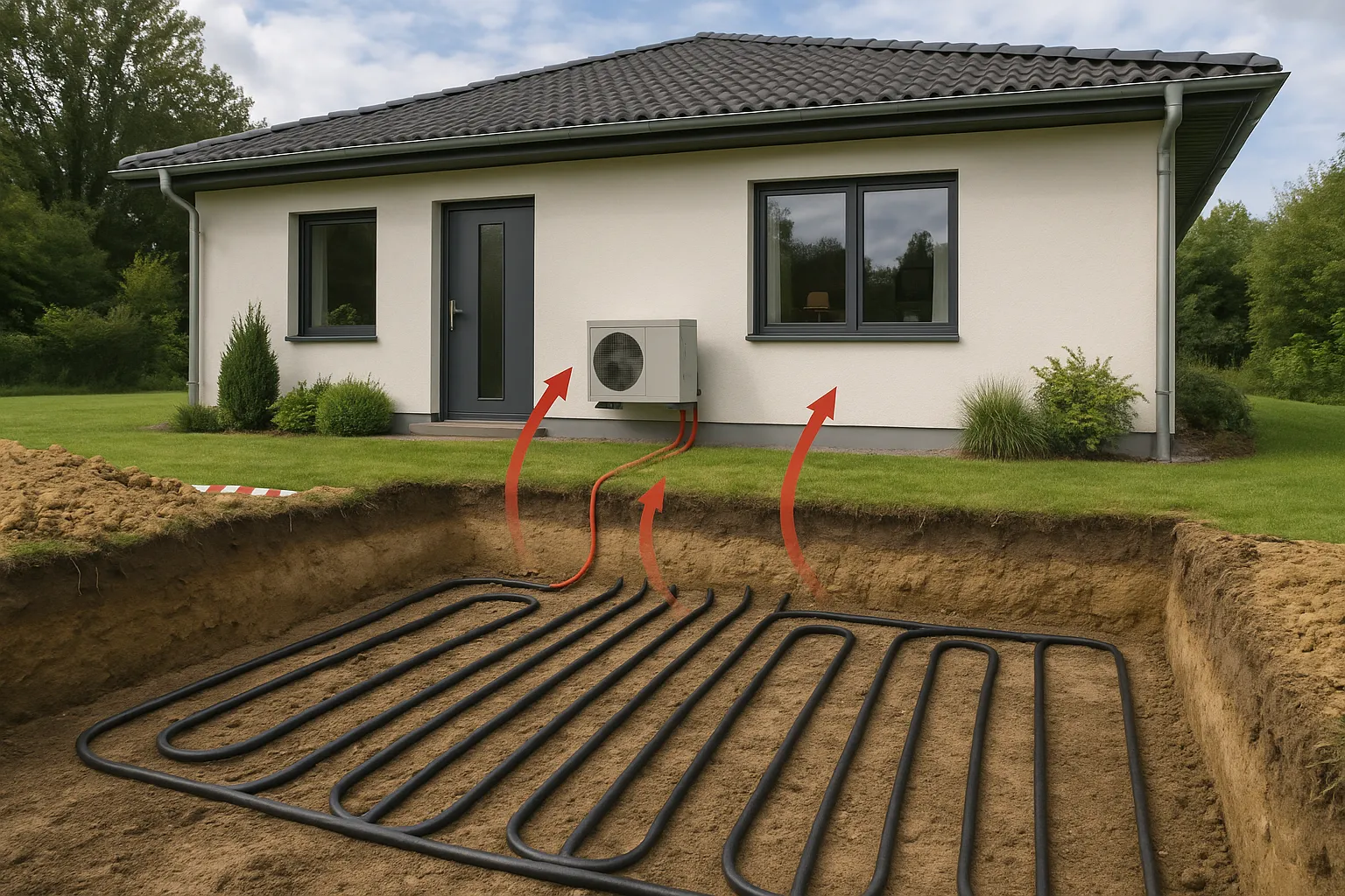 Jordvarmeanlæg installeret med horisontale jordslanger foran moderne hus, udført af Bred VVS