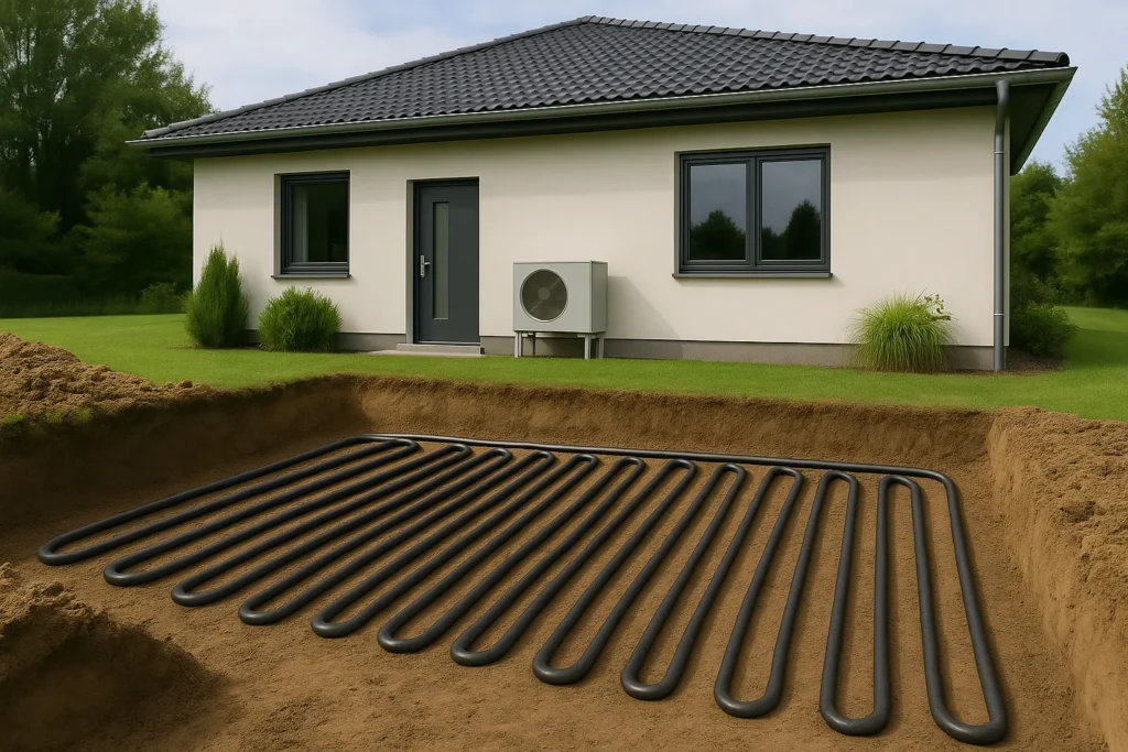 Udgravning og installation af horisontale jordvarmeslanger foran moderne bolig