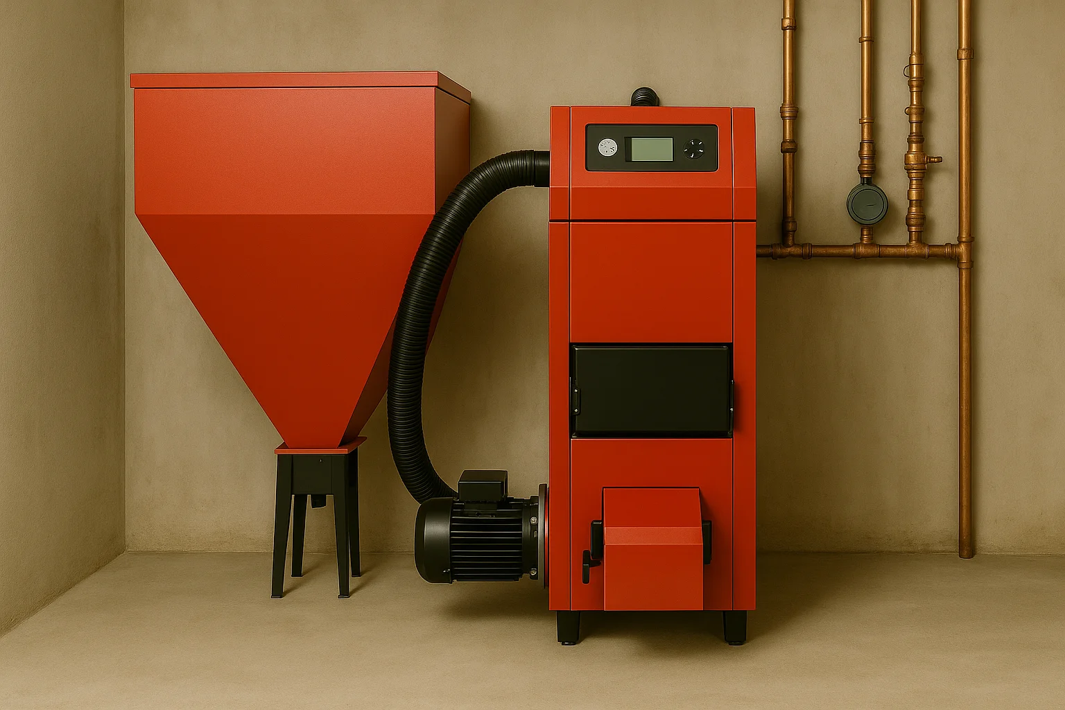 Pillefyr med magasin og rørføring installeret i teknisk rum