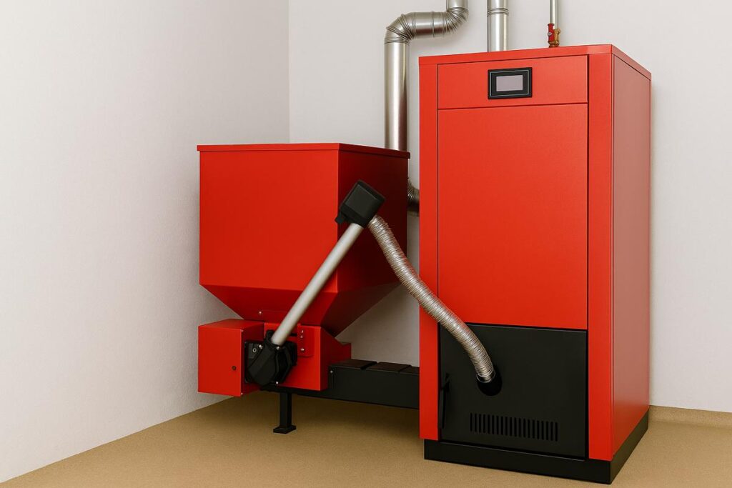 Pillefyr installeret i et moderne varmesystem med rør og beholder