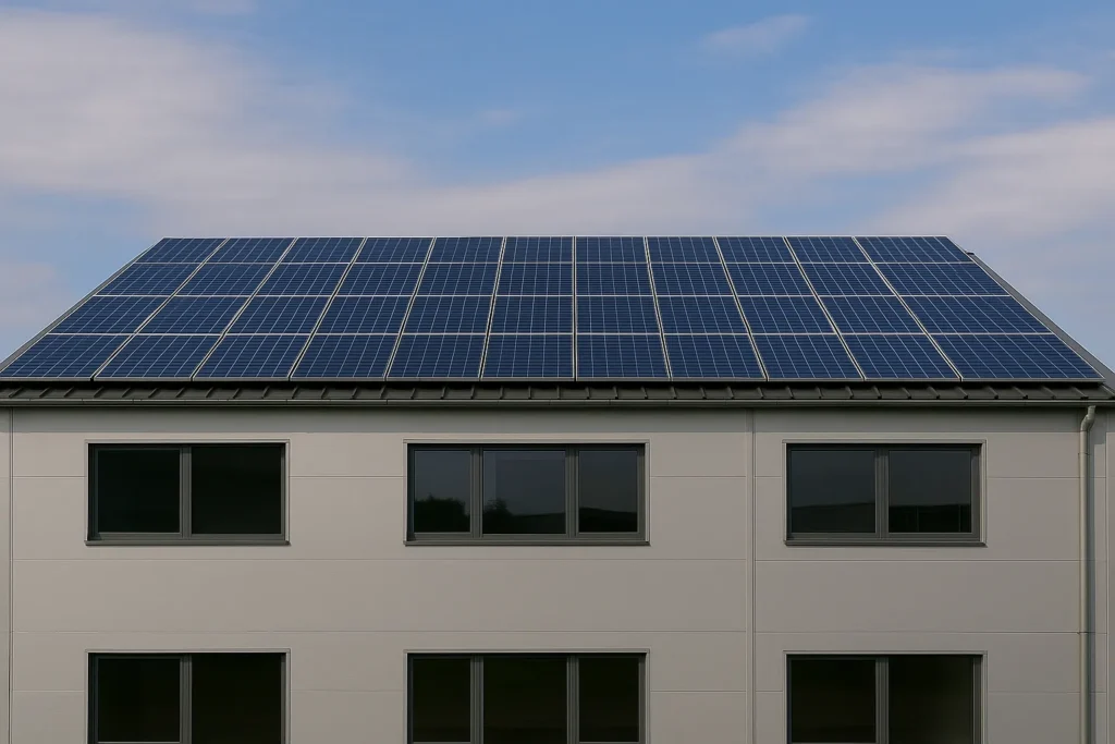 Erhvervsbygning med stort solcelleanlæg på taget til bæredygtig energiproduktion