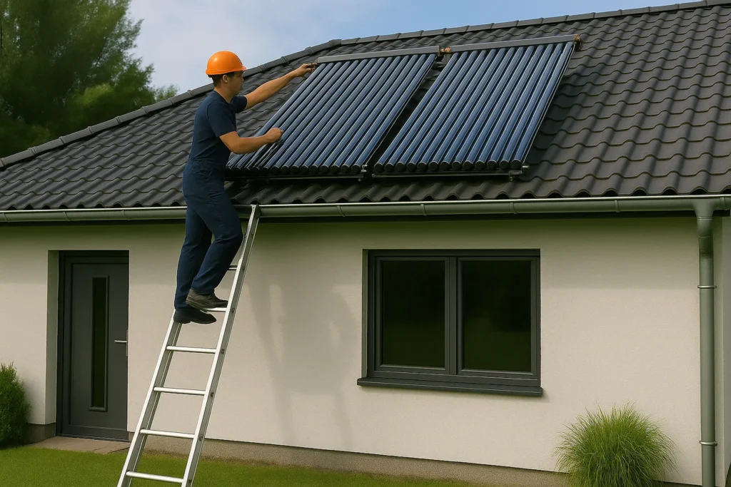 Montør på stige servicerer solvarmeanlæg på tag af moderne hus