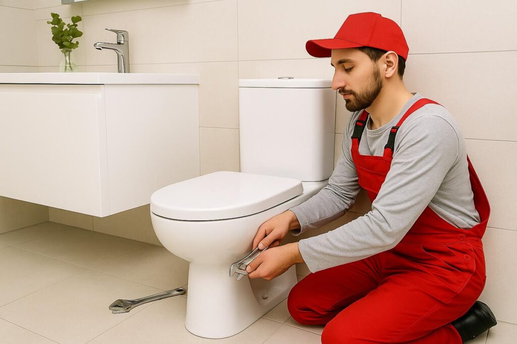 VVS-tekniker installerer et toilet i et moderne badeværelse