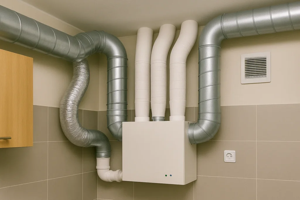 Ventilationsanlæg med isolerede rør til indblæsning og udsugning i teknikrum