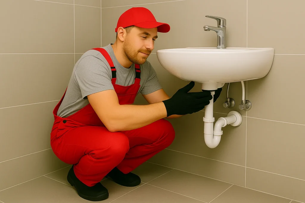 VVS-tekniker installerer håndvask i moderne badeværelse