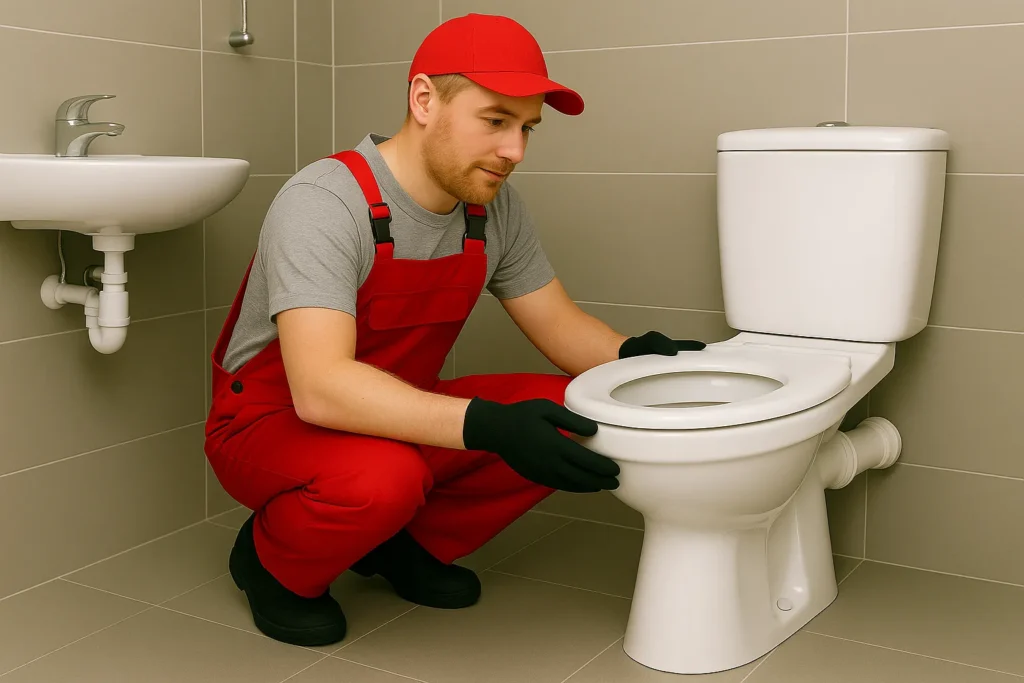 VVS-tekniker monterer toilet i moderne badeværelse